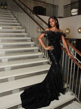 Black Off-Shoulder Sequin Mermaid Gown